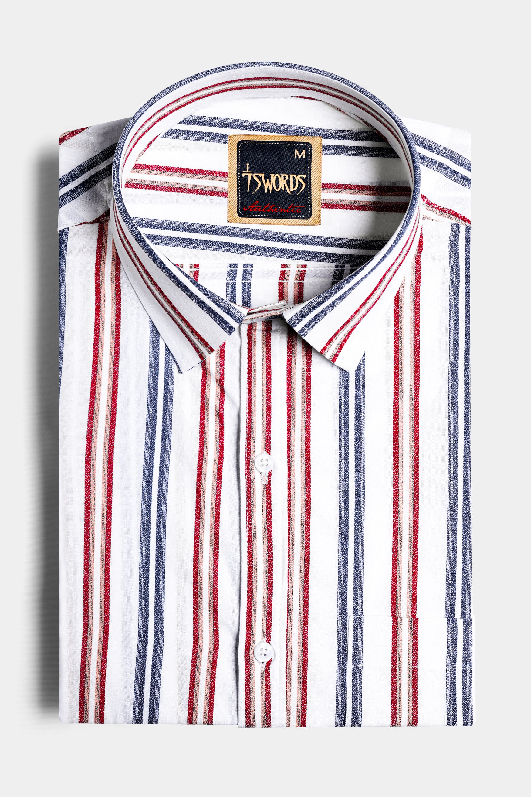 Bright White and Maple Red Multicolour Striped Premium Cotton Shirt