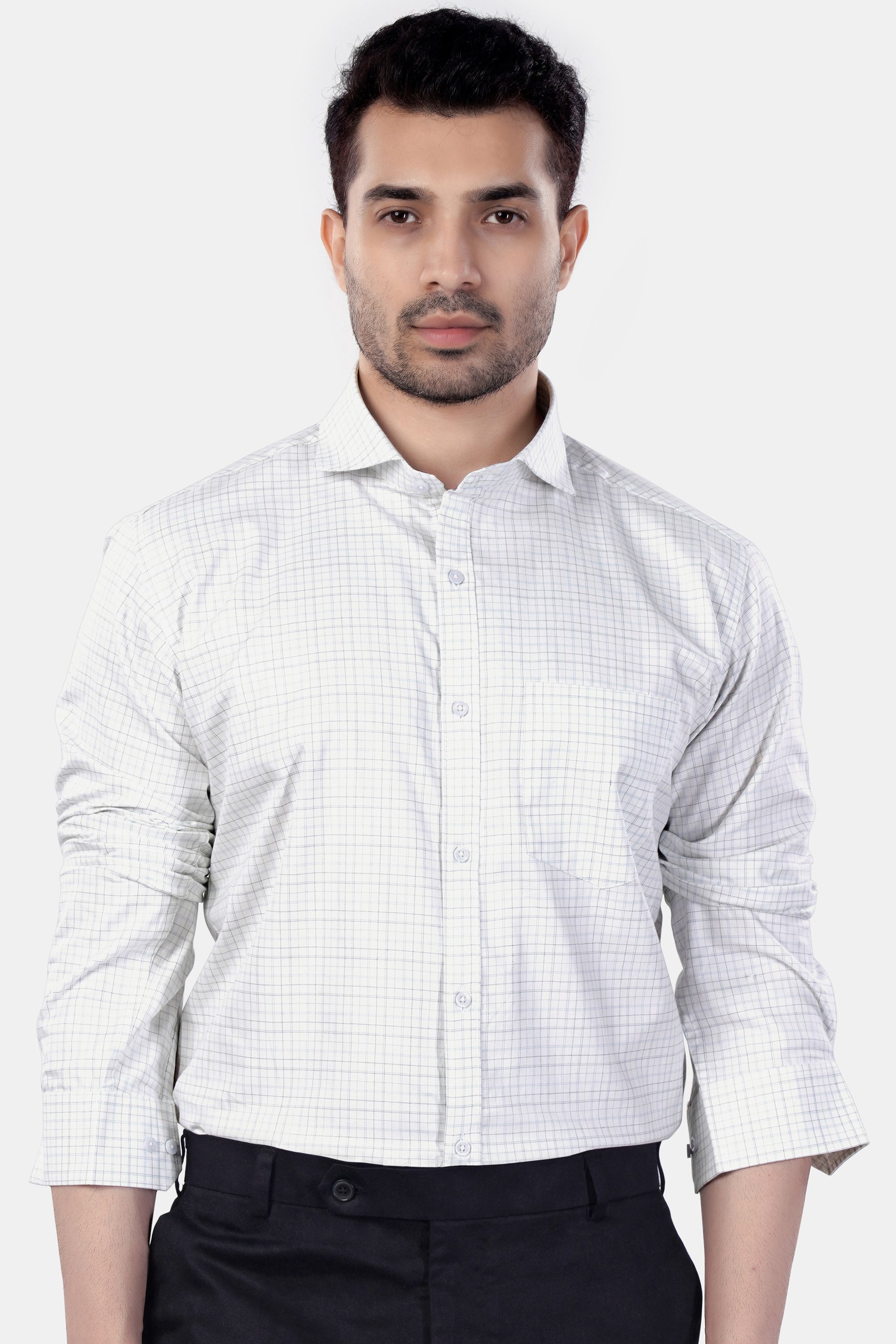 Bright White and Hit Gray Checkered Premium Cotton Shirt