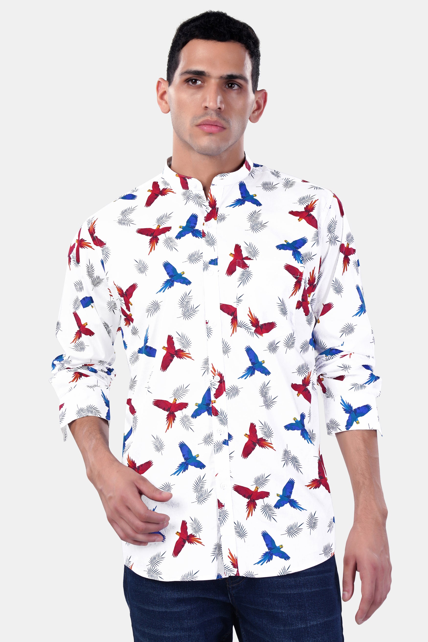 Bright White with Carmine Red and Cobalt Blue Birds Printed Premium Cotton Shirt