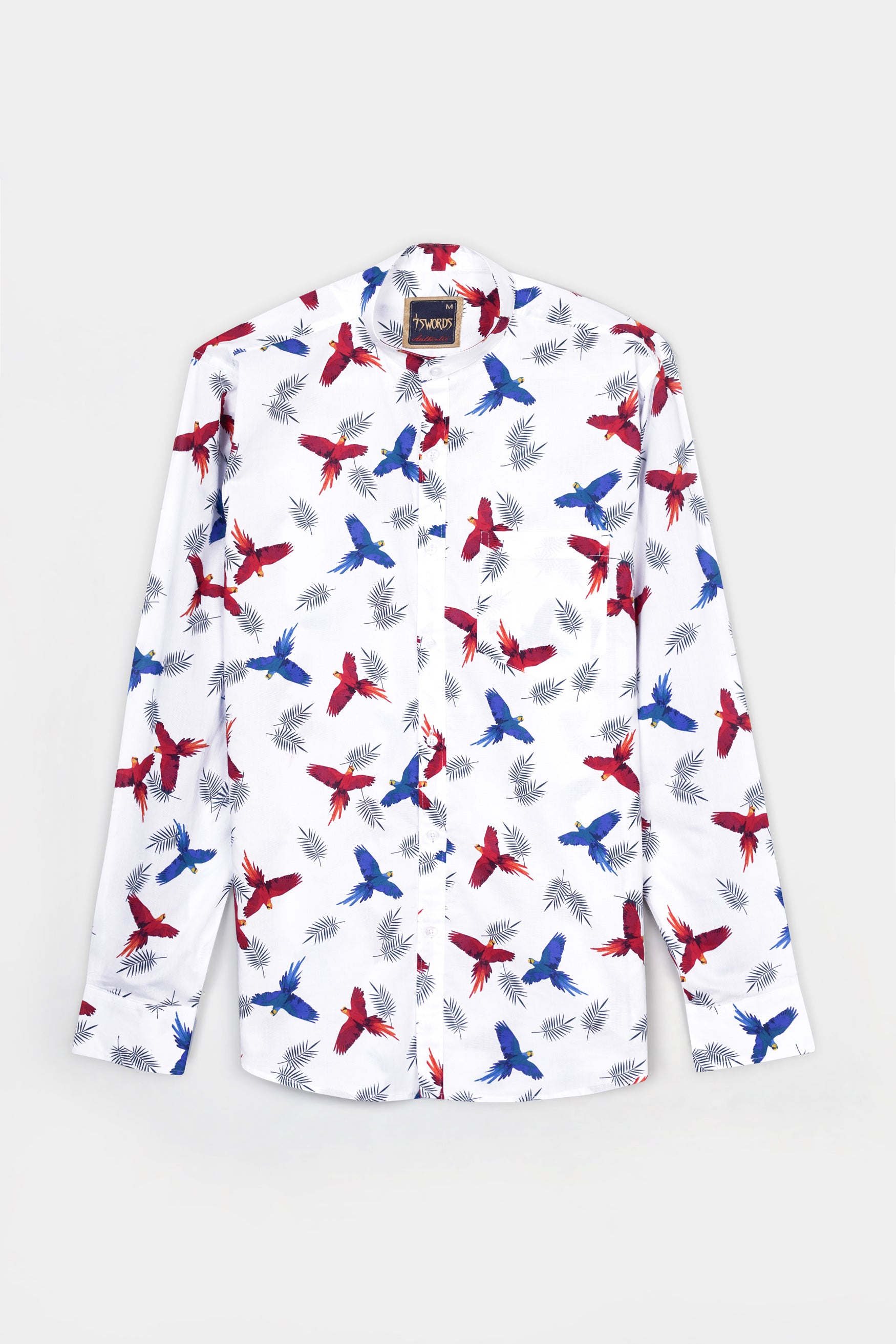 Bright White with Carmine Red and Cobalt Blue Birds Printed Premium Cotton Shirt