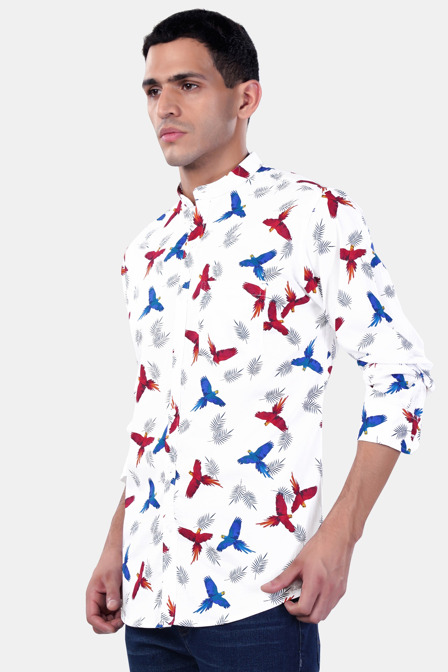 Bright White with Carmine Red and Cobalt Blue Birds Printed Premium Cotton Shirt