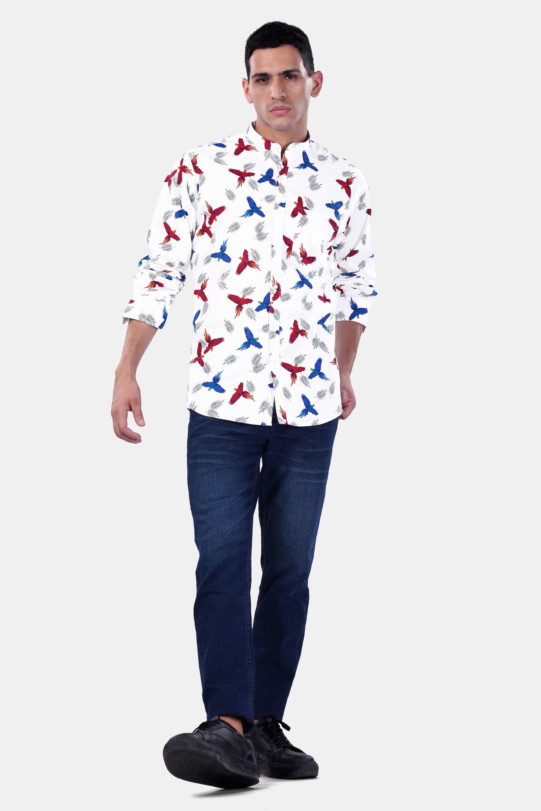 Bright White with Carmine Red and Cobalt Blue Birds Printed Premium Cotton Shirt