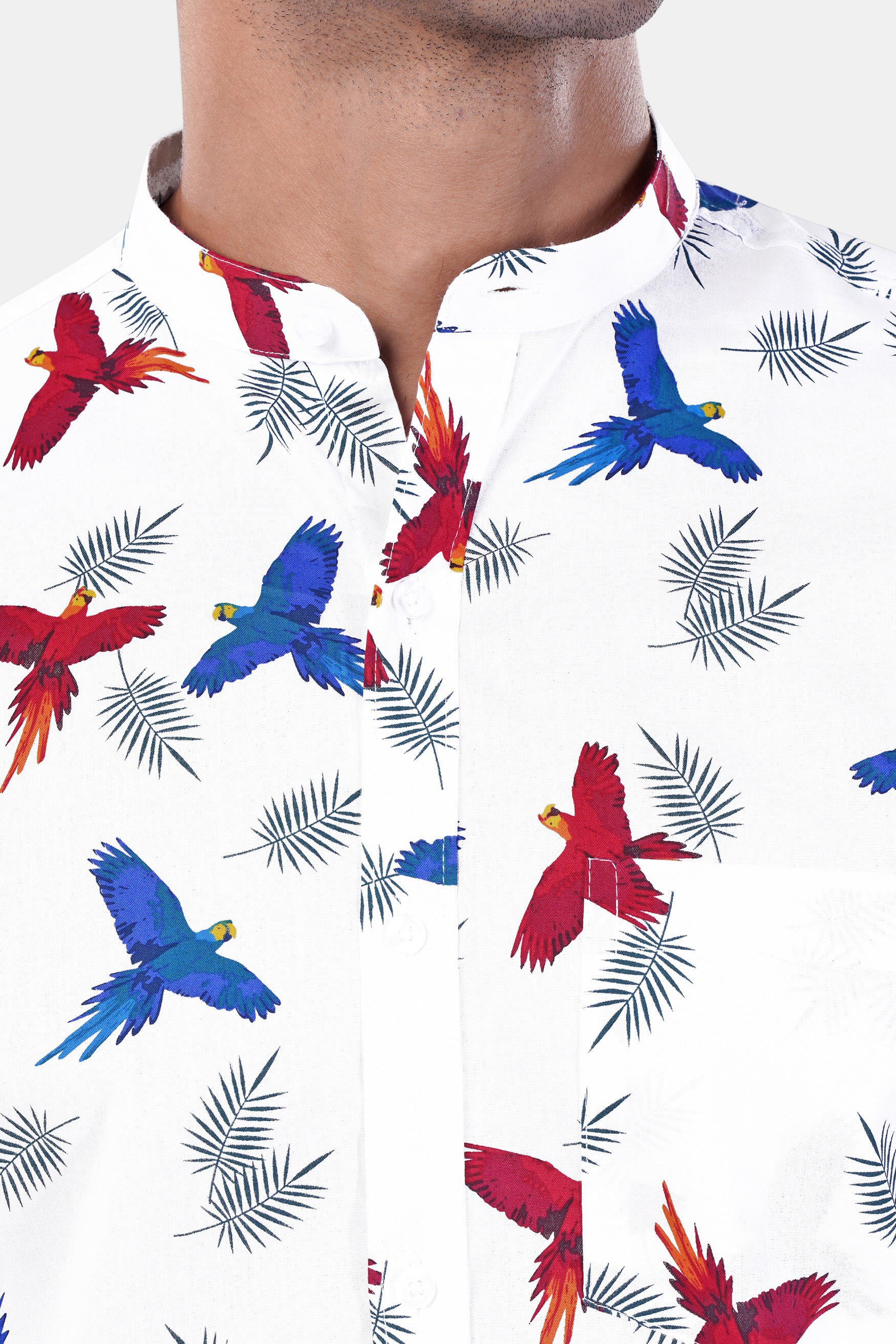 Bright White with Carmine Red and Cobalt Blue Birds Printed Premium Cotton Shirt