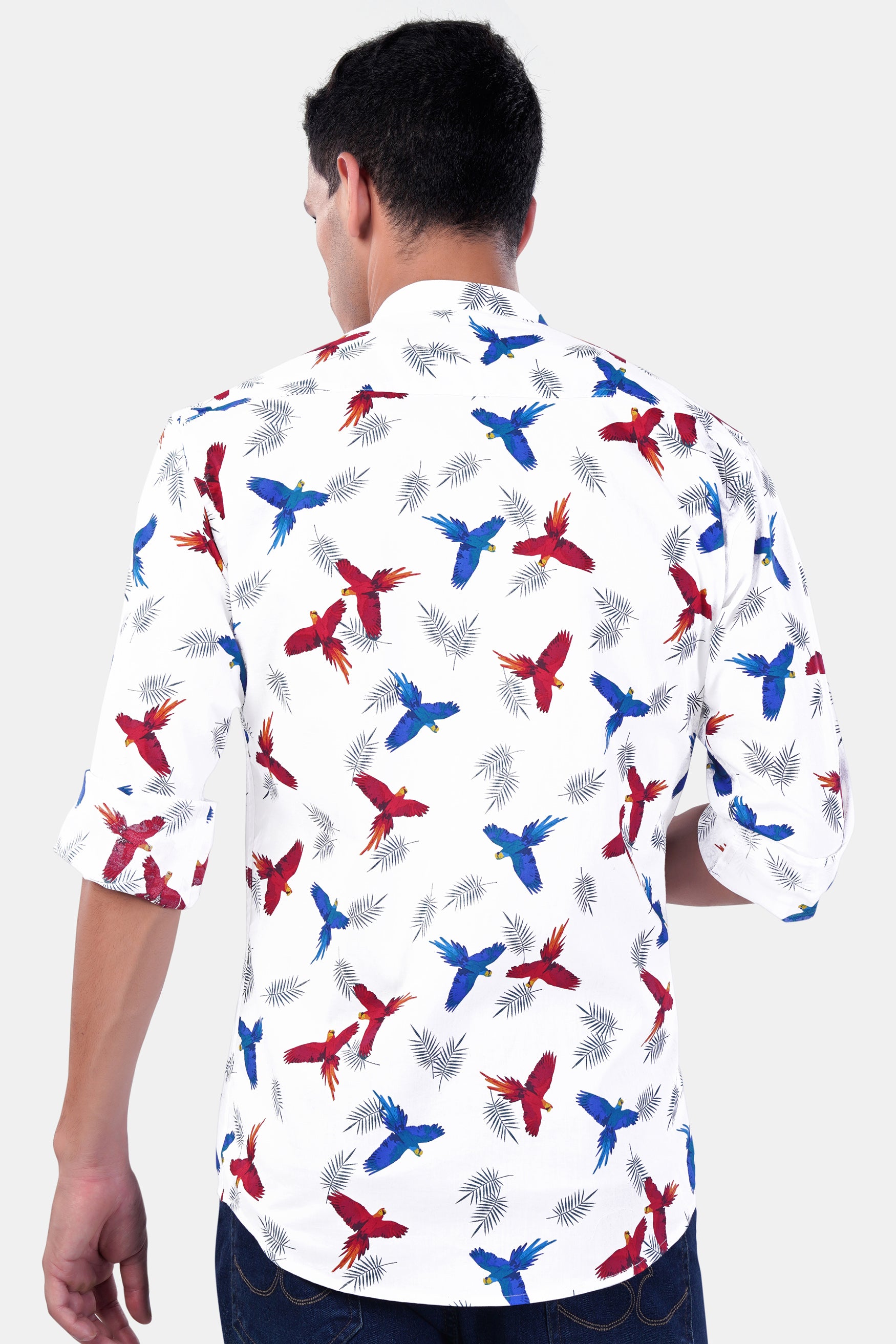 Bright White with Carmine Red and Cobalt Blue Birds Printed Premium Cotton Shirt