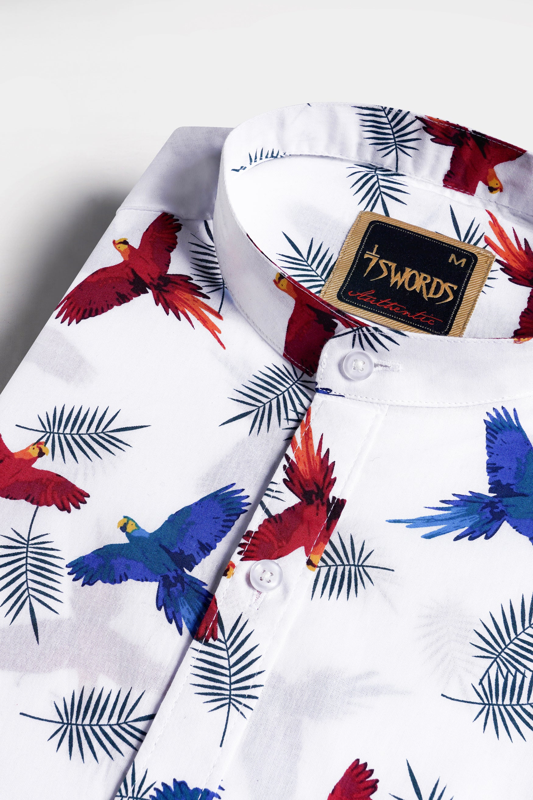 Bright White with Carmine Red and Cobalt Blue Birds Printed Premium Cotton Shirt