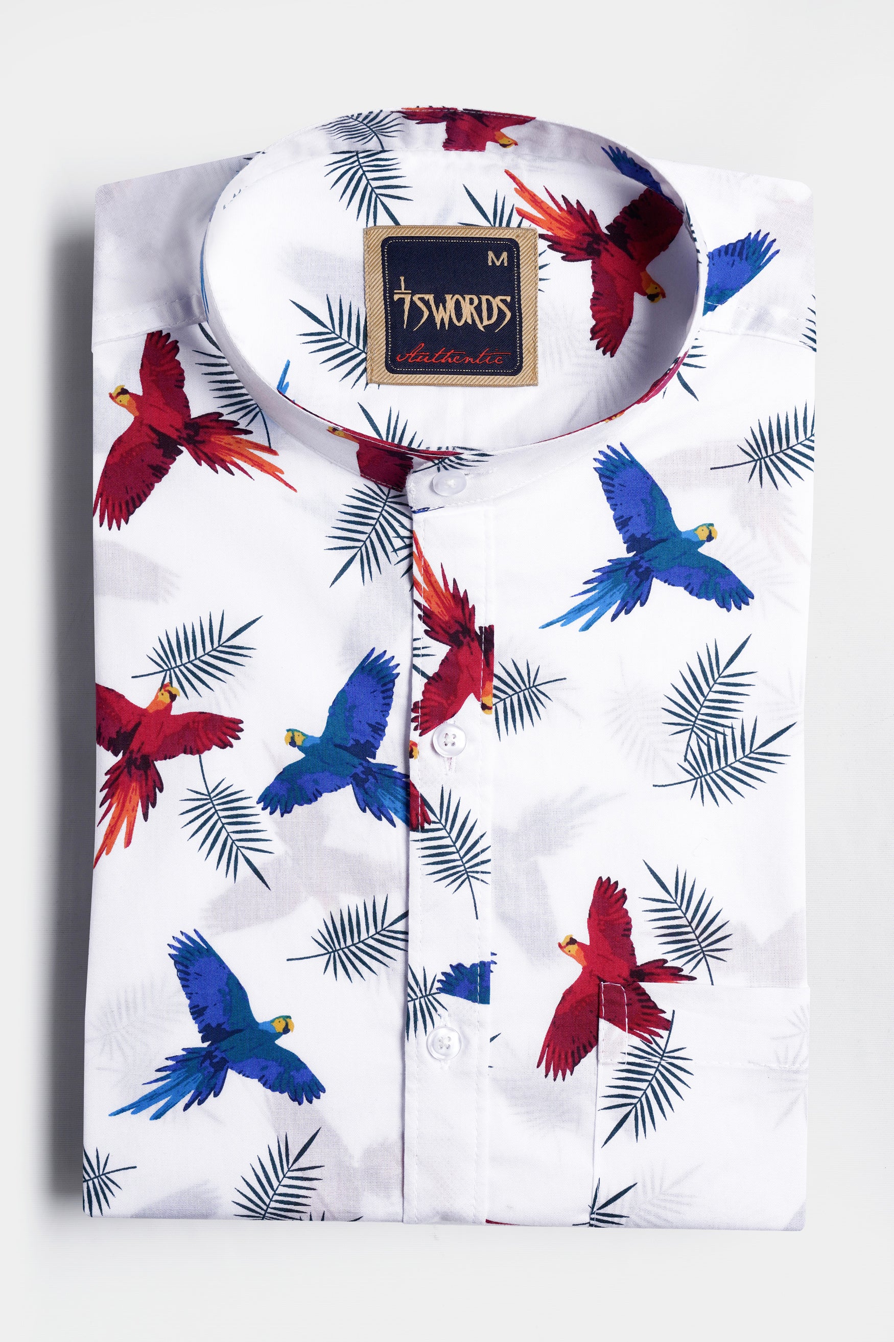 Bright White with Carmine Red and Cobalt Blue Birds Printed Premium Cotton Shirt