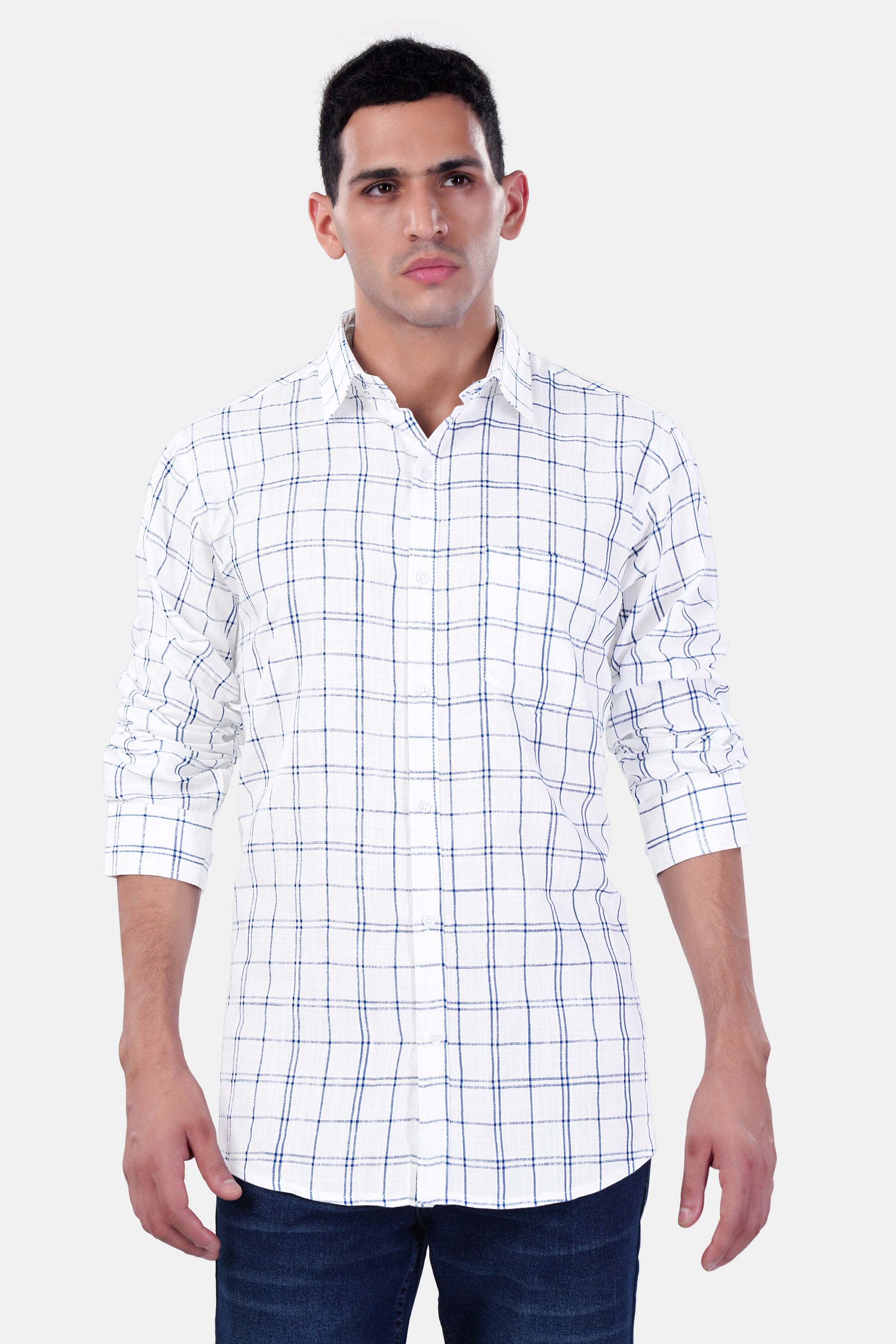 Bright White and Azure Blue Plaid Premium Cotton Shirt