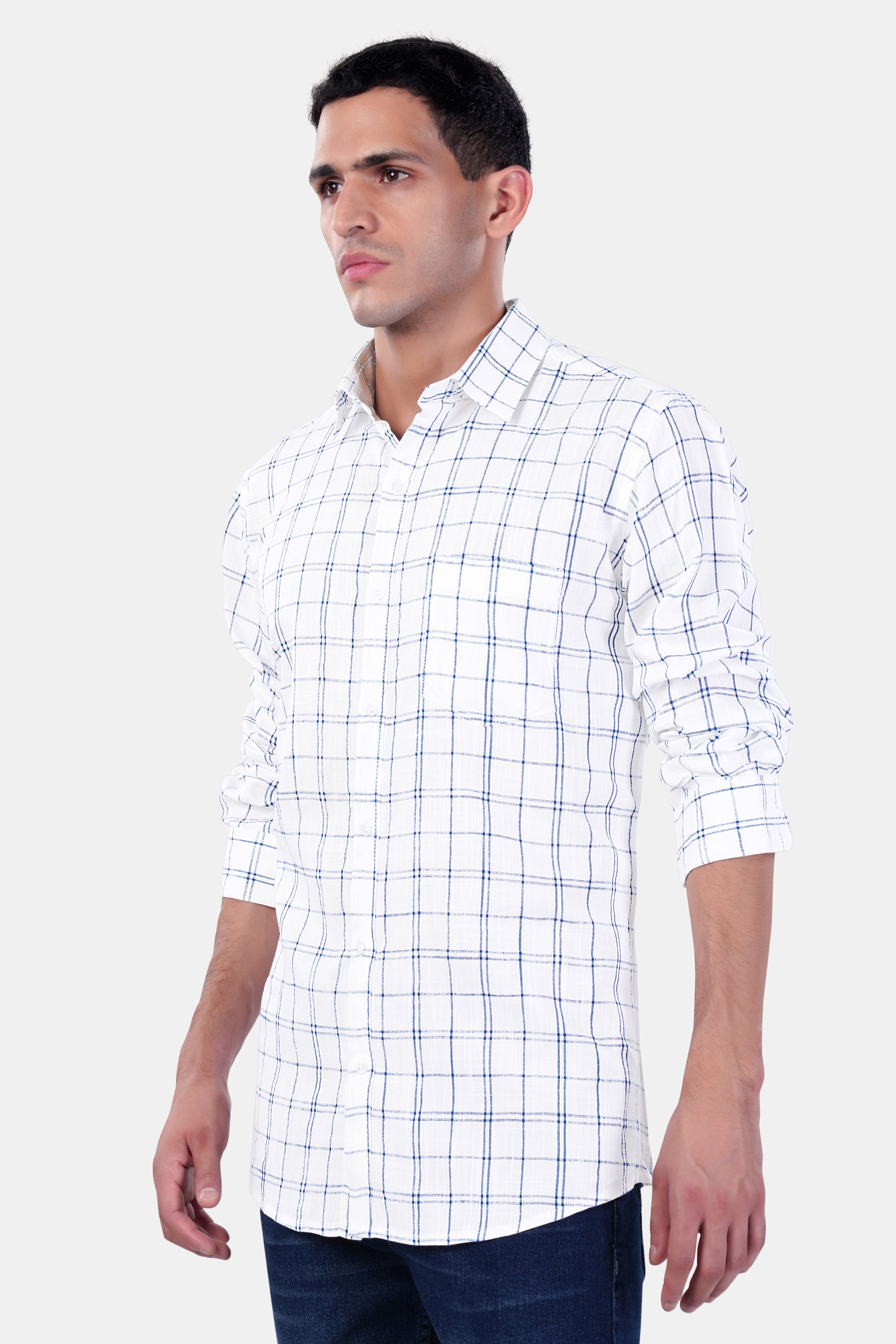 Bright White and Azure Blue Plaid Premium Cotton Shirt