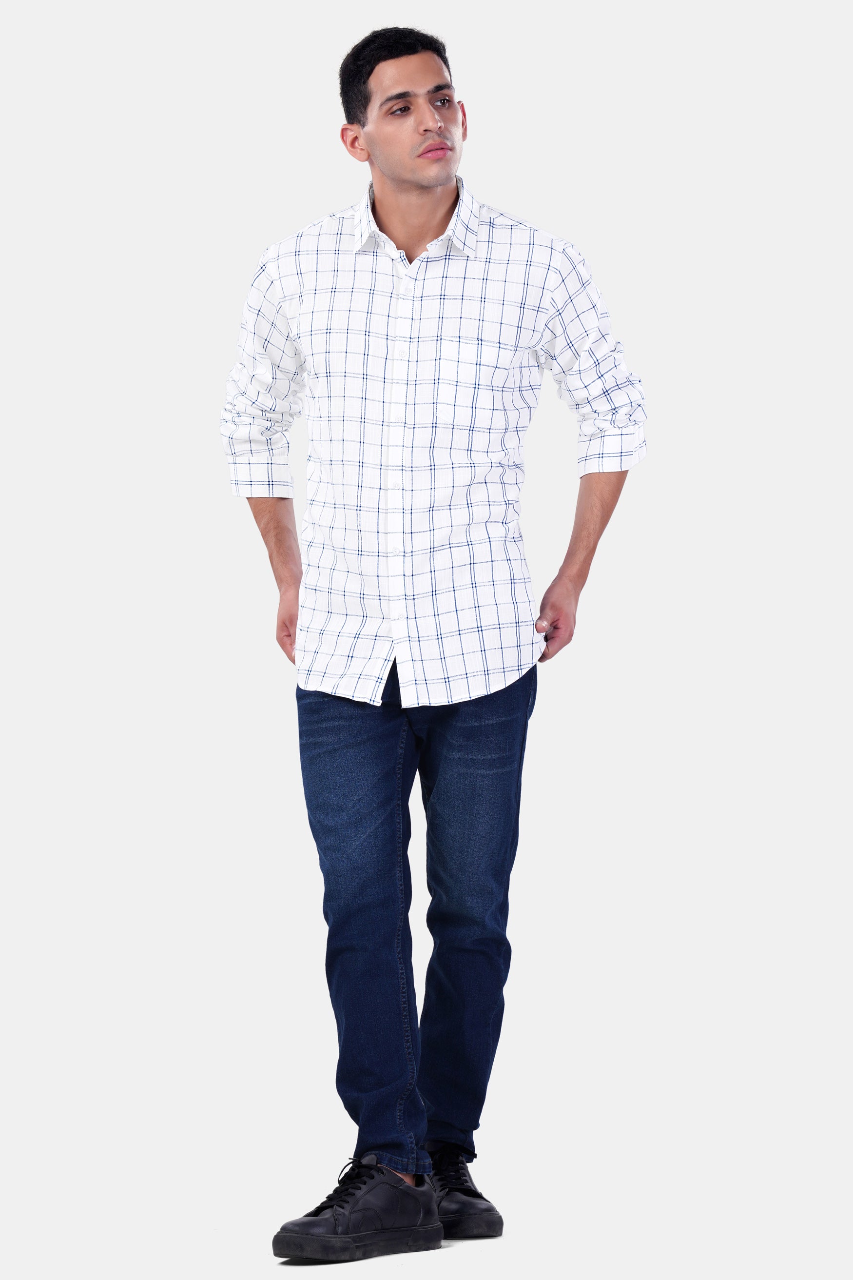 Bright White and Azure Blue Plaid Premium Cotton Shirt