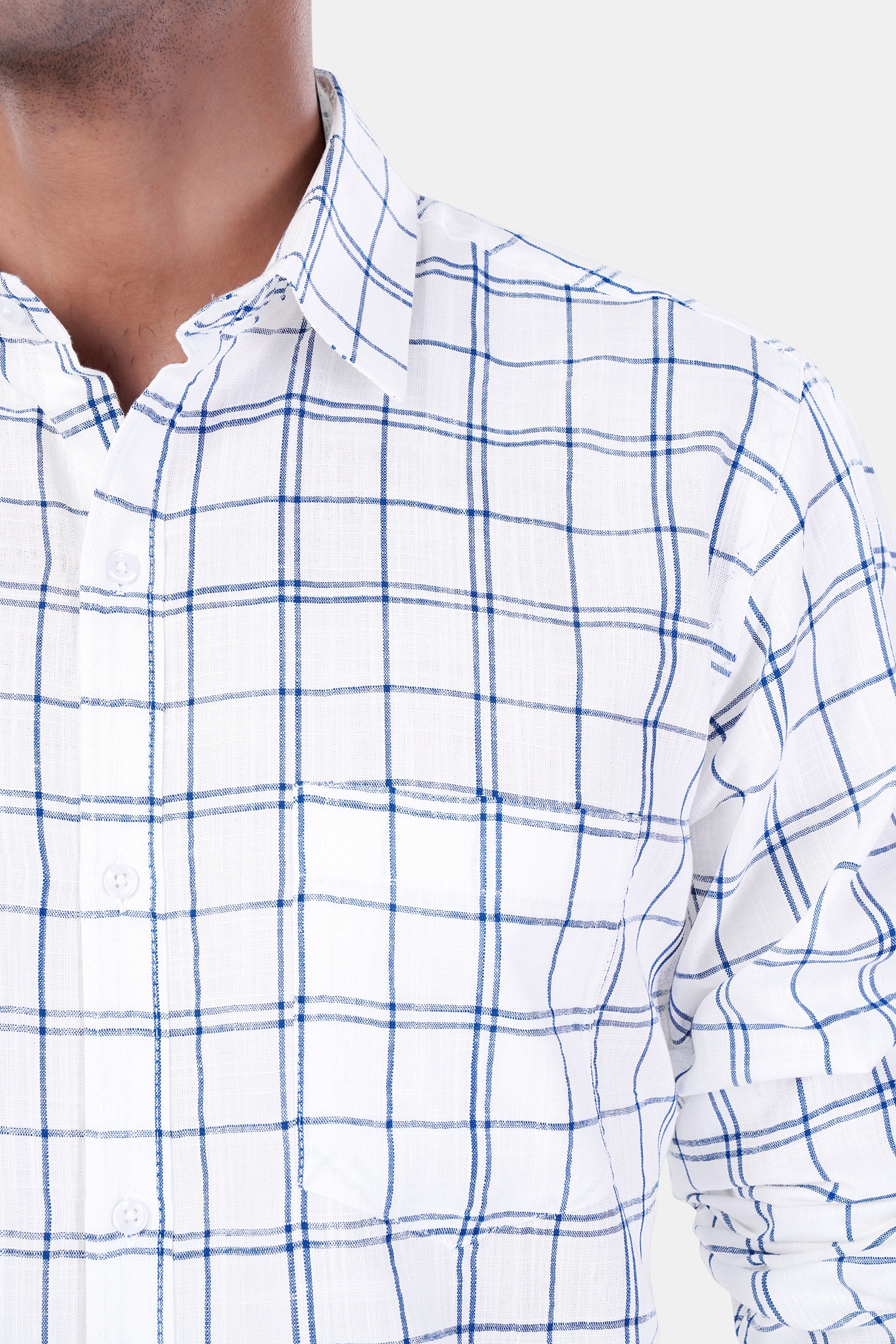 Bright White and Azure Blue Plaid Premium Cotton Shirt