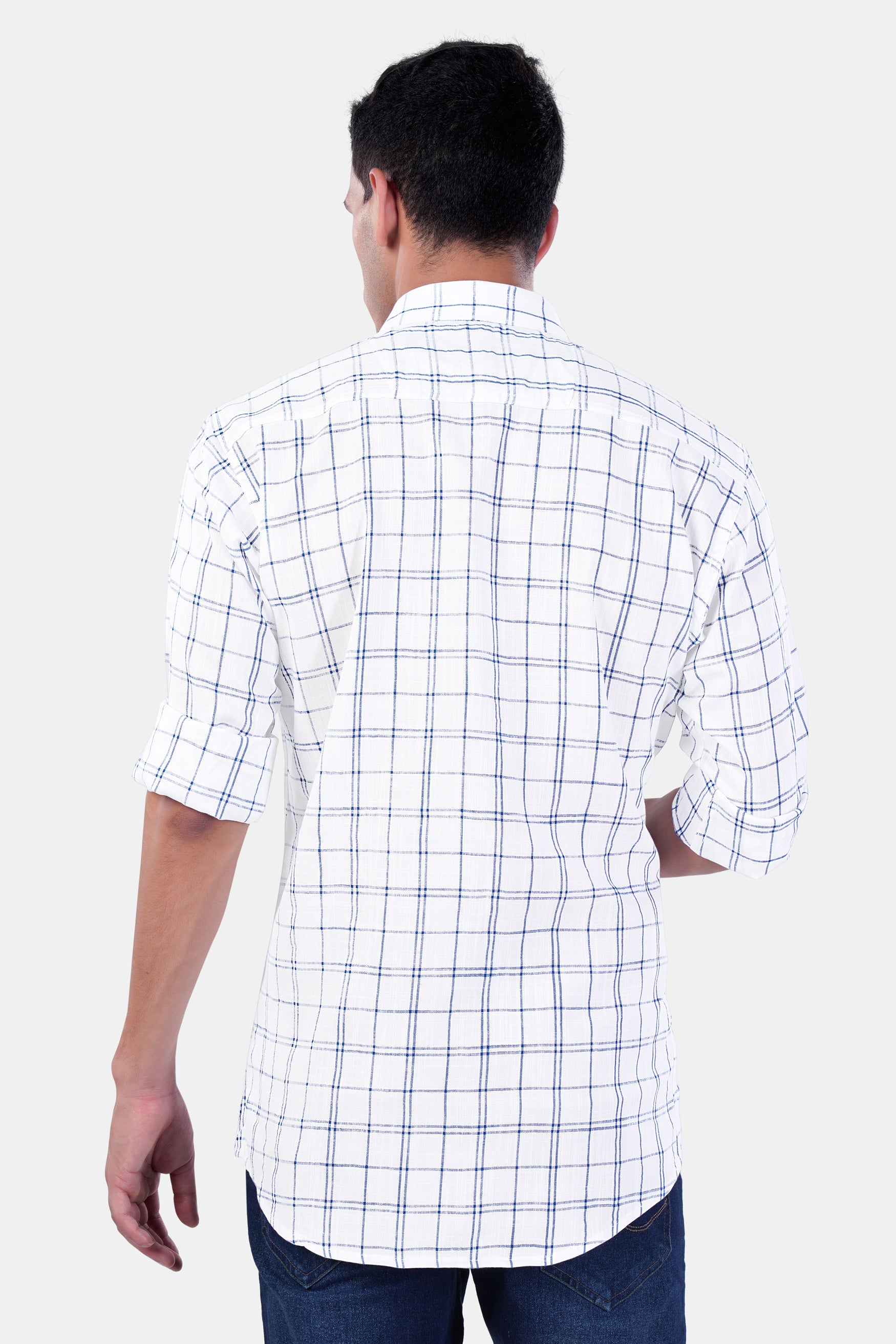 Bright White and Azure Blue Plaid Premium Cotton Shirt