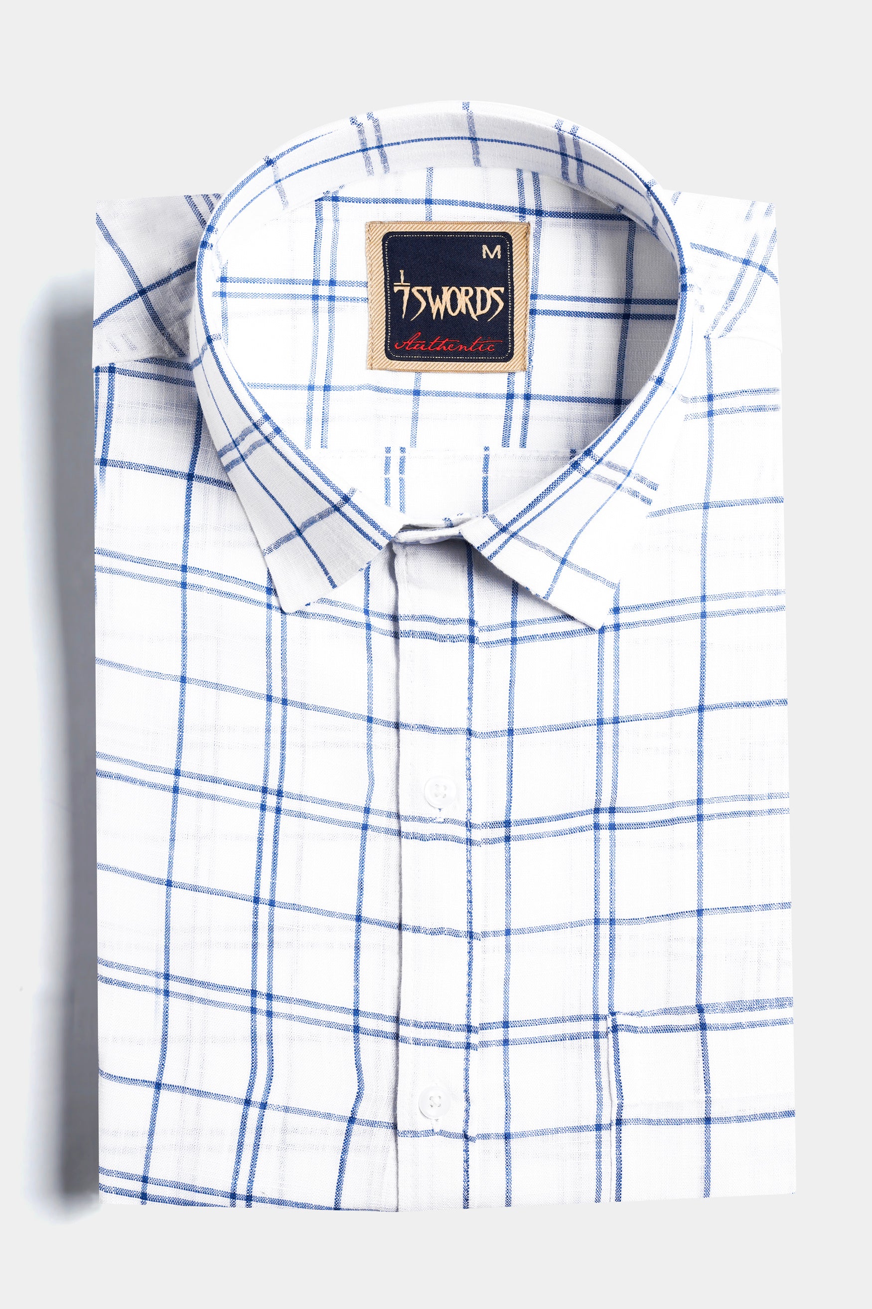 Bright White and Azure Blue Plaid Premium Cotton Shirt