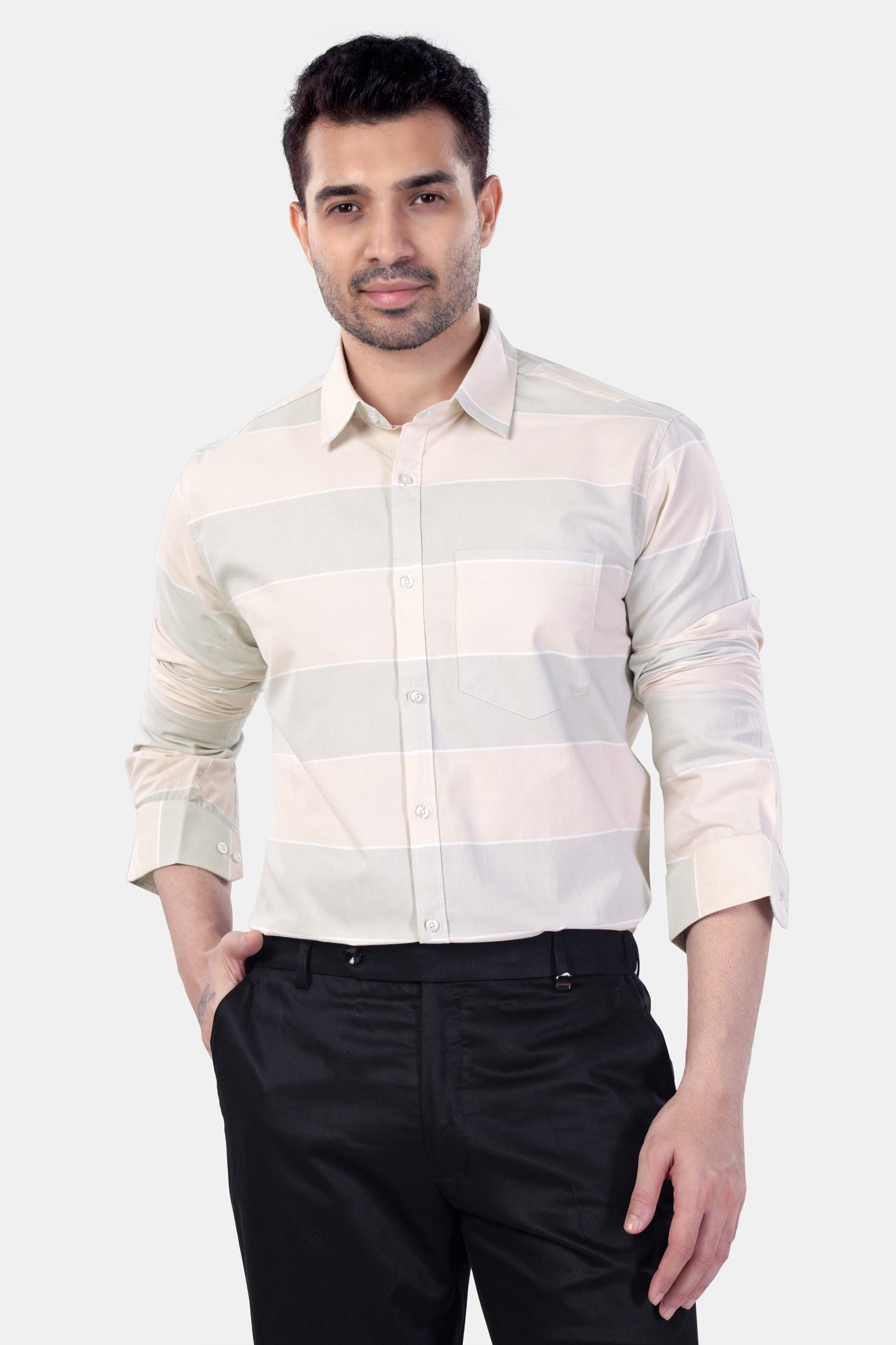 Amour Beige and Oyster Brown Striped Premium Cotton Shirt