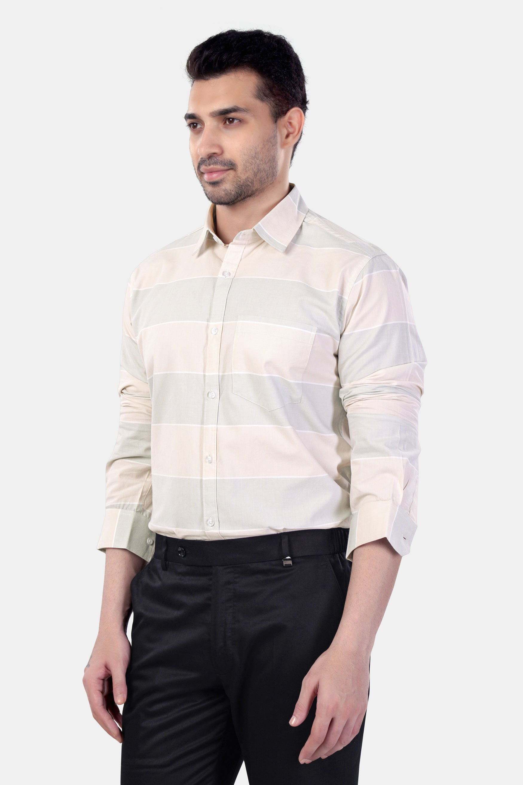 Amour Beige and Oyster Brown Striped Premium Cotton Shirt