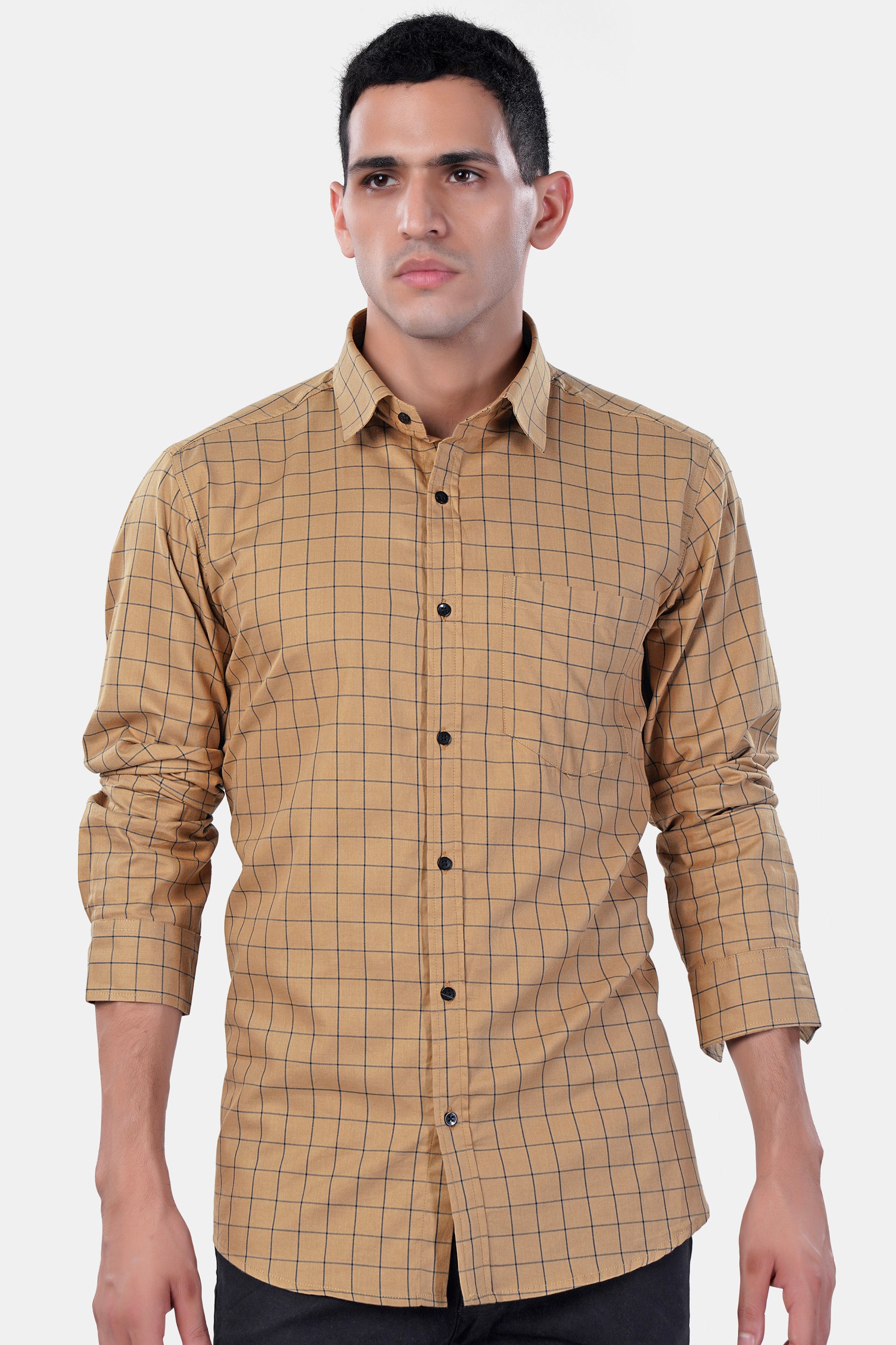 Tan Brown and Jade Black Windowpane Premium Cotton Shirt