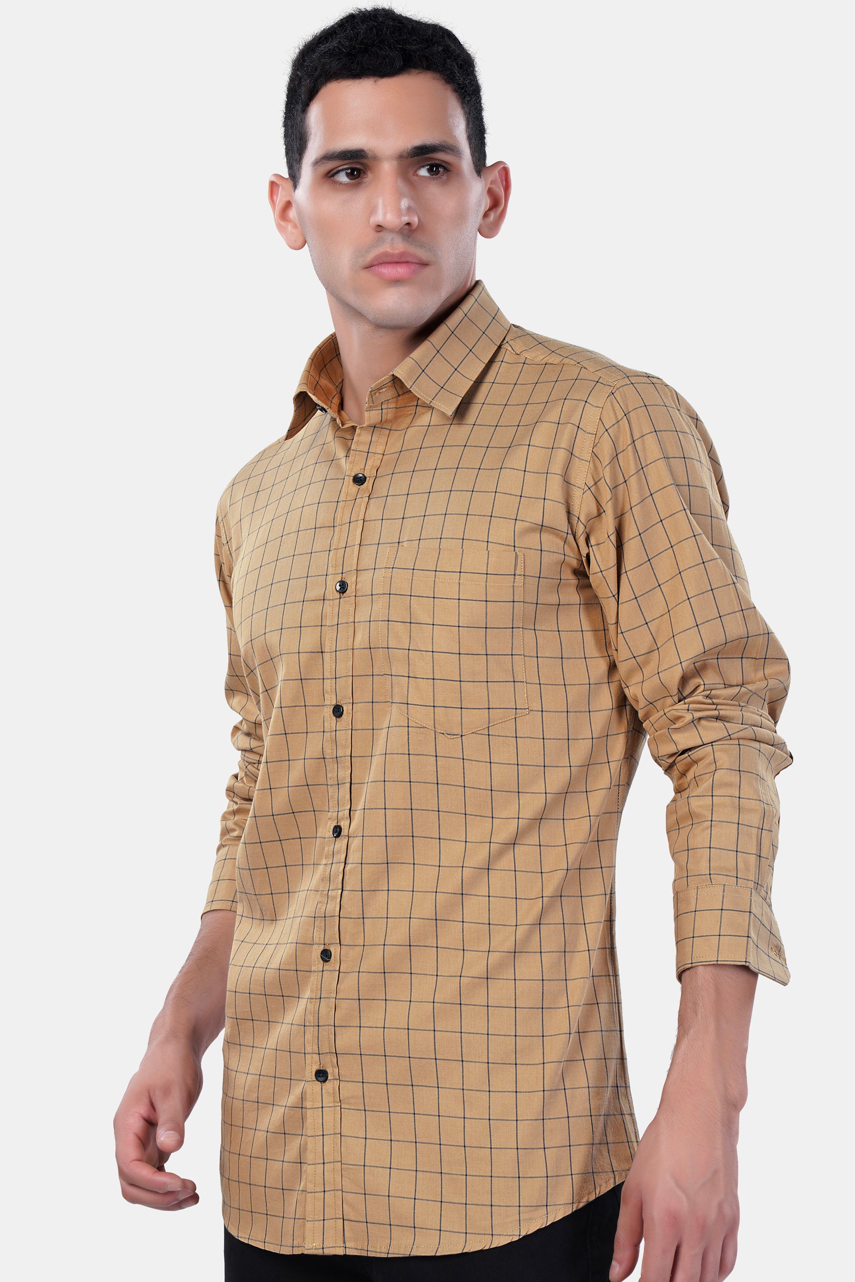 Tan Brown and Jade Black Windowpane Premium Cotton Shirt