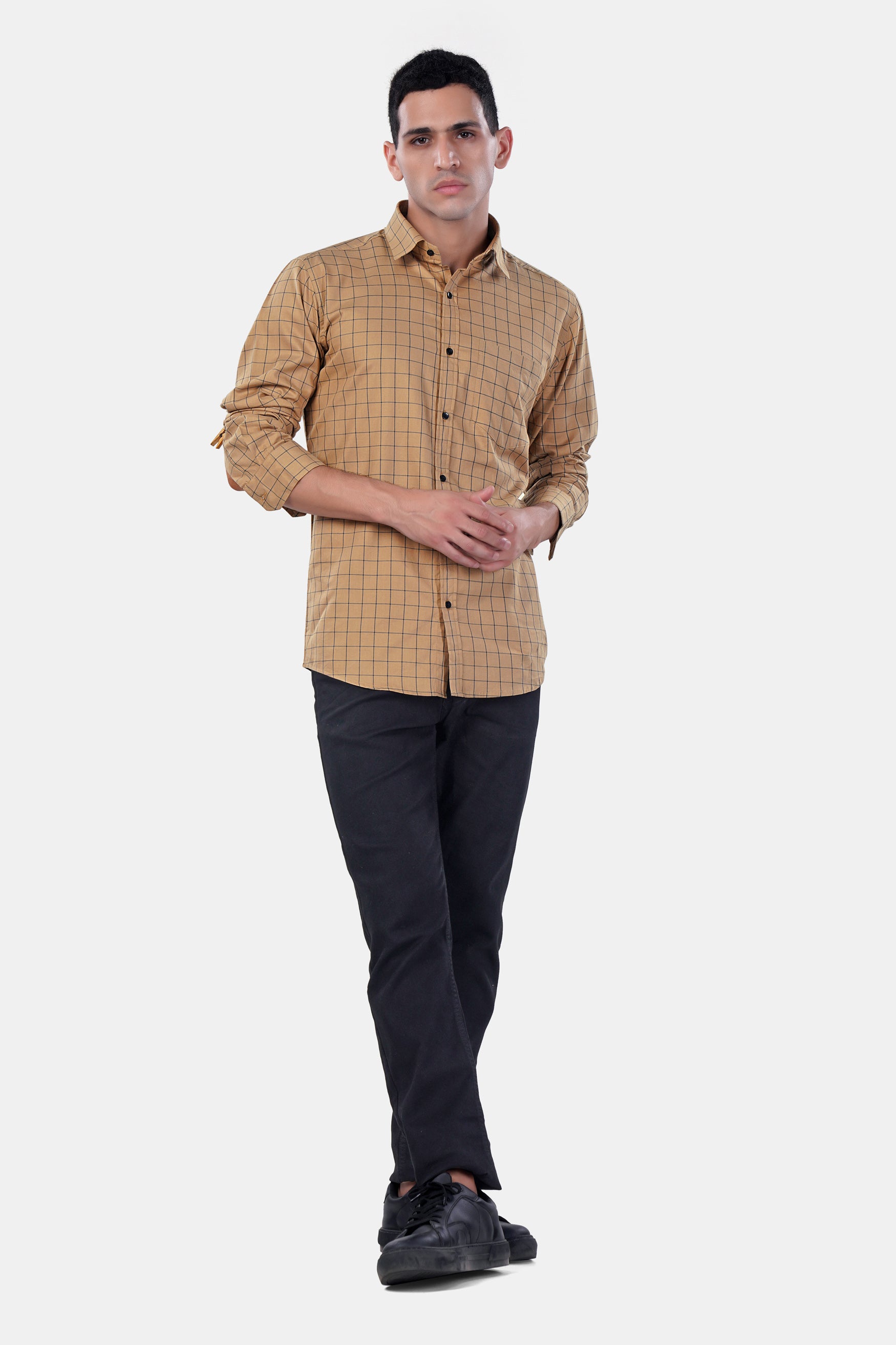 Tan Brown and Jade Black Windowpane Premium Cotton Shirt