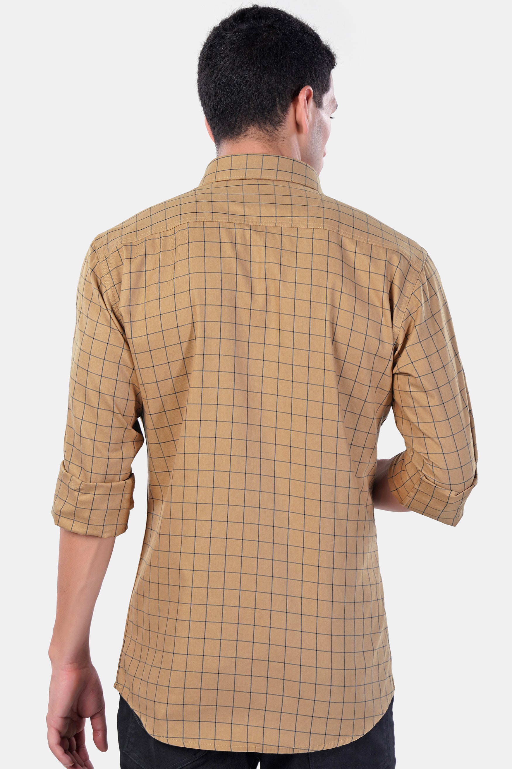 Tan Brown and Jade Black Windowpane Premium Cotton Shirt