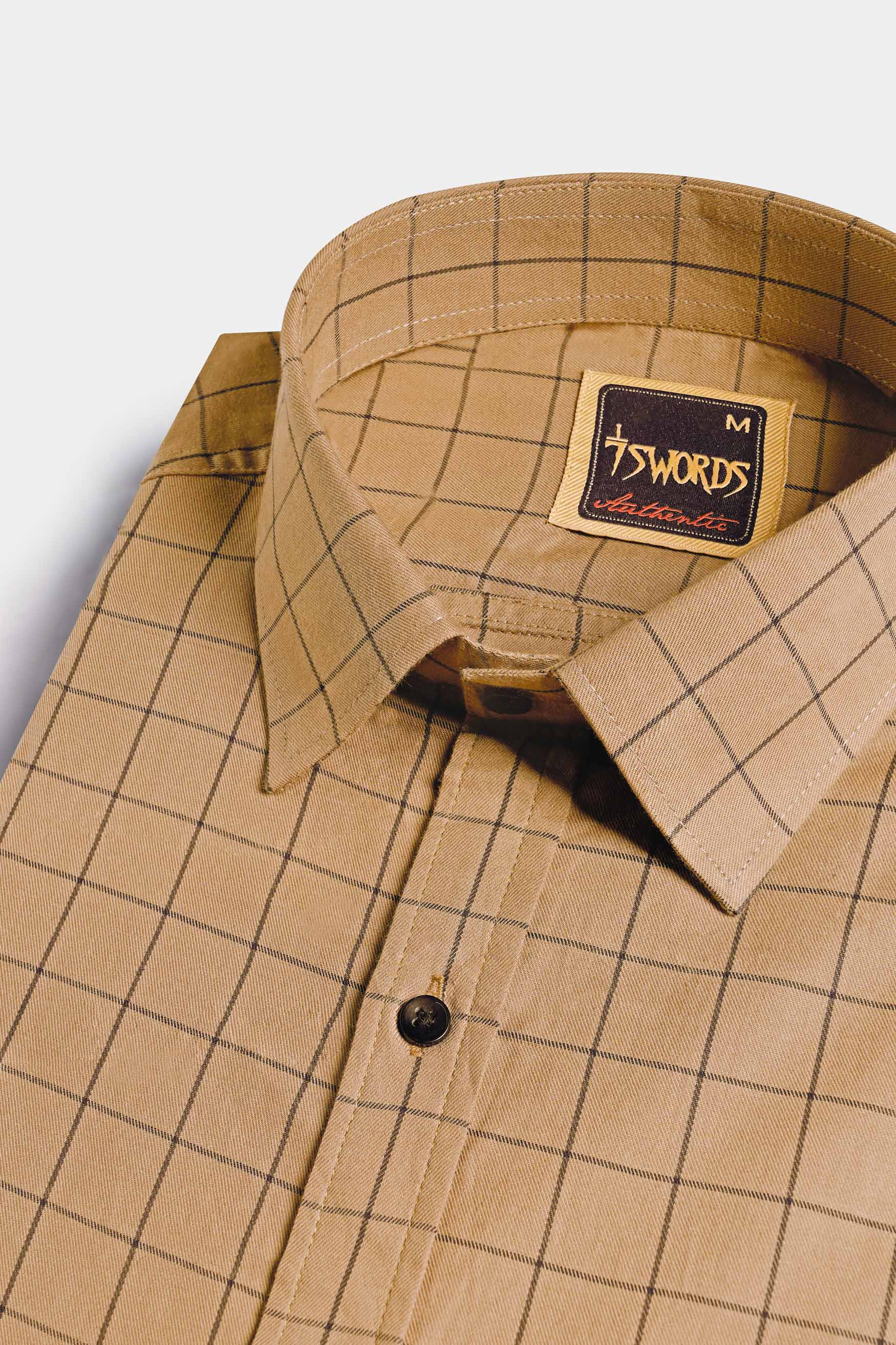 Tan Brown and Jade Black Windowpane Premium Cotton Shirt