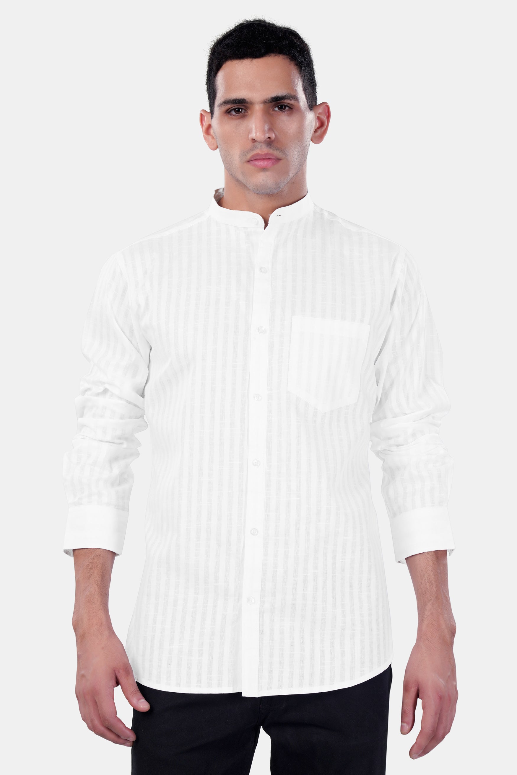 Bright White Striped Premium Cotton Mandarin Shirt