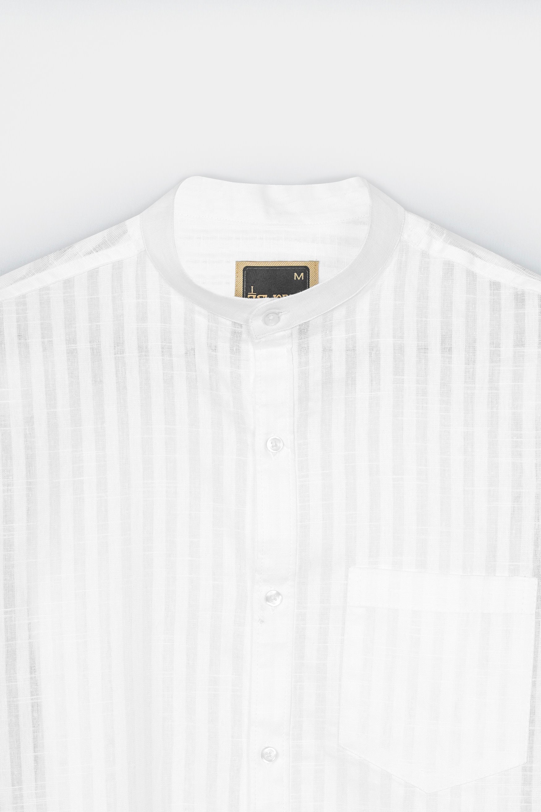 Bright White Striped Premium Cotton Mandarin Shirt