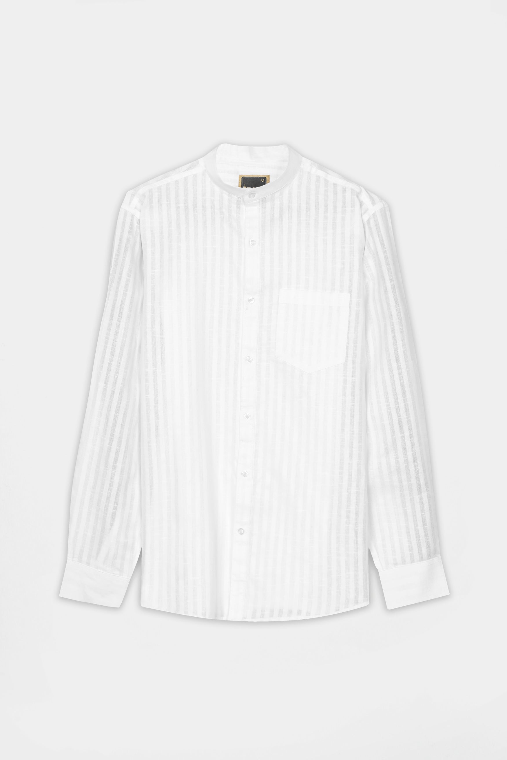 Bright White Striped Premium Cotton Mandarin Shirt