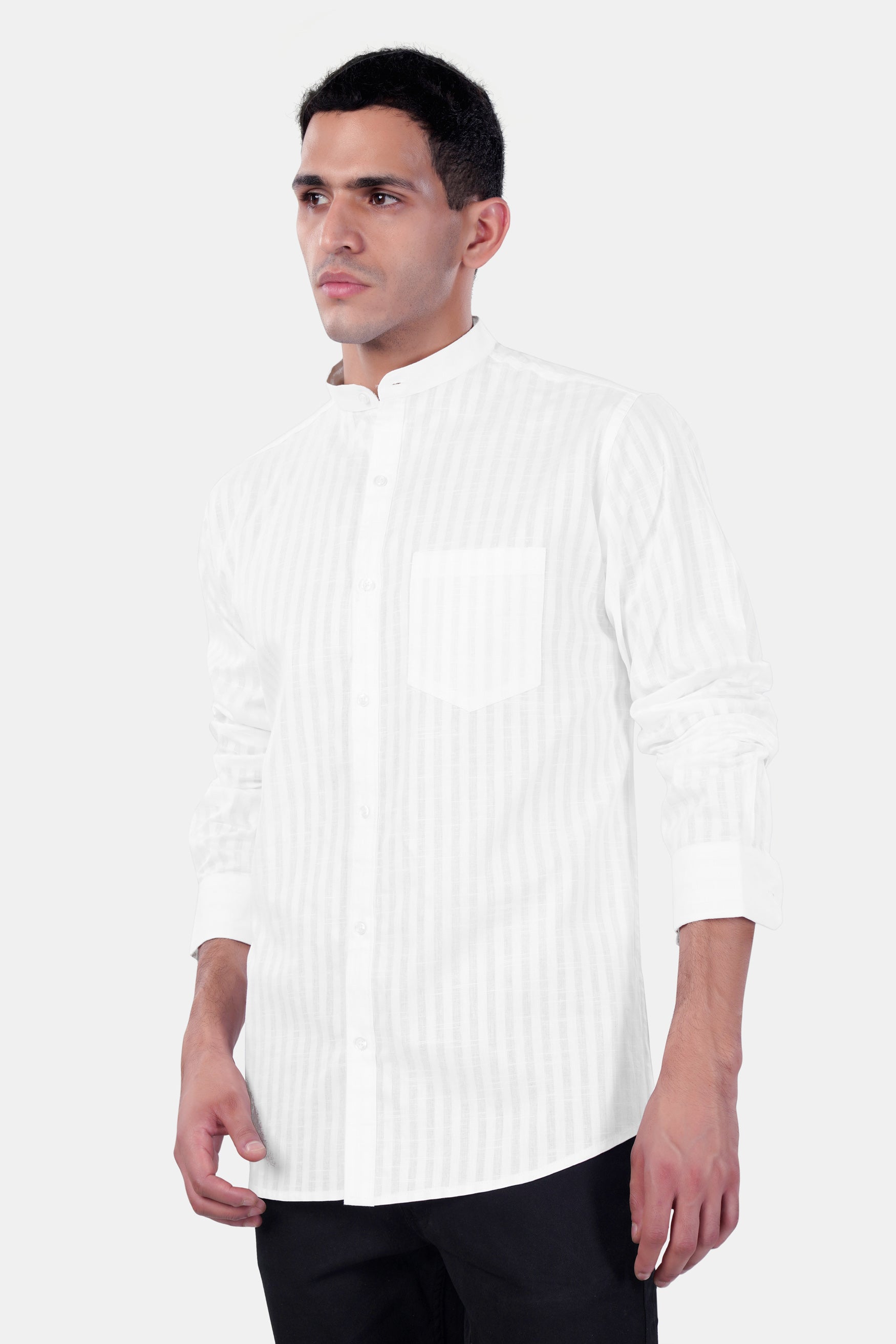 Bright White Striped Premium Cotton Mandarin Shirt