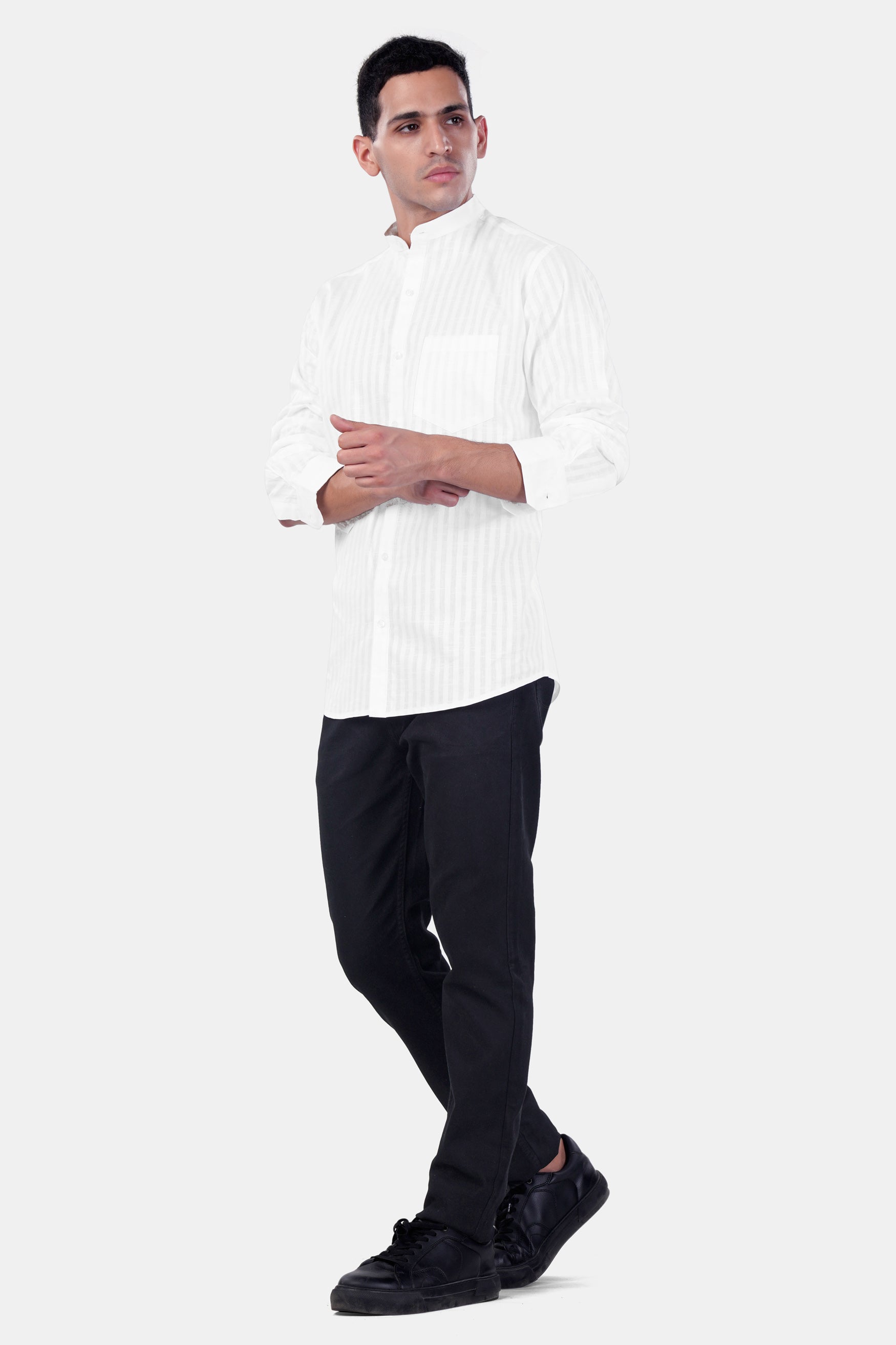 Bright White Striped Premium Cotton Mandarin Shirt