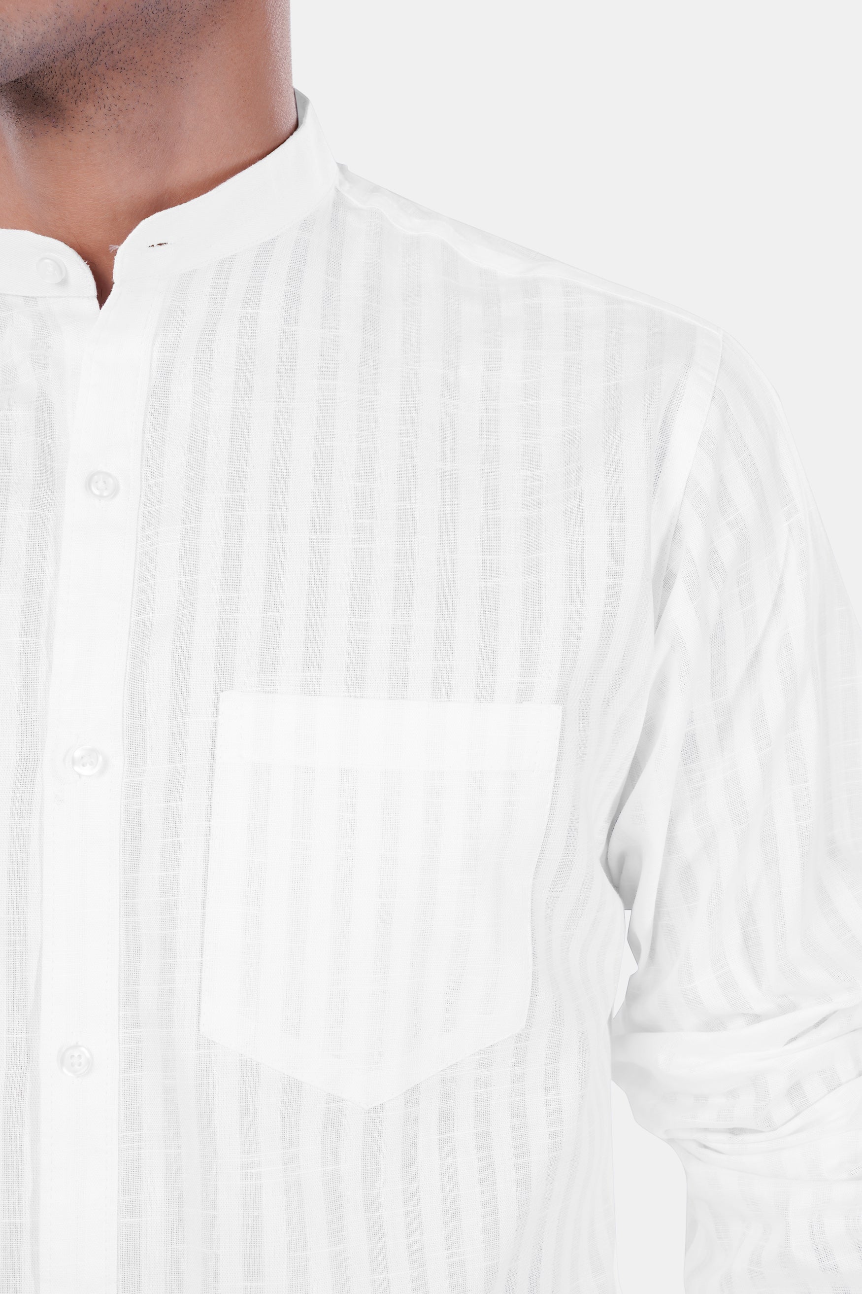 Bright White Striped Premium Cotton Mandarin Shirt