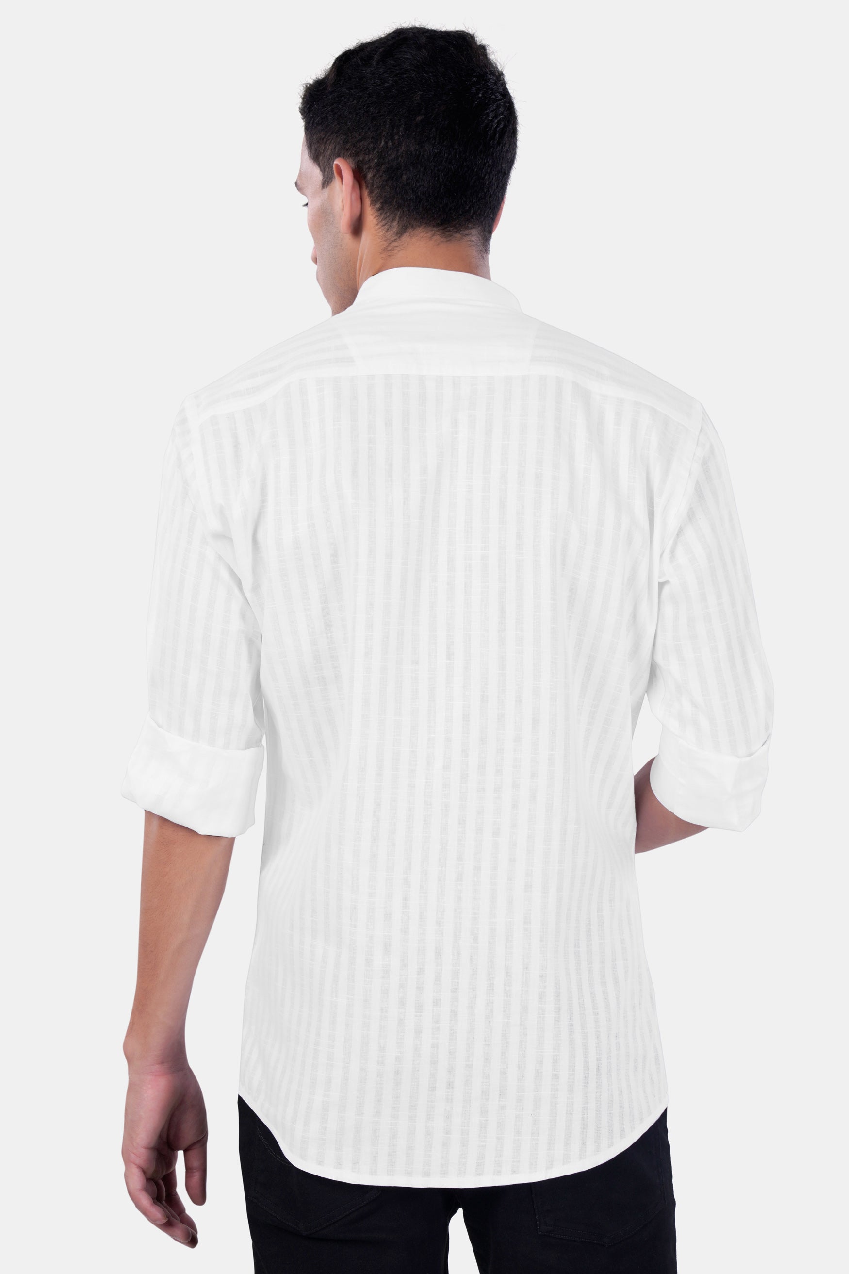 Bright White Striped Premium Cotton Mandarin Shirt